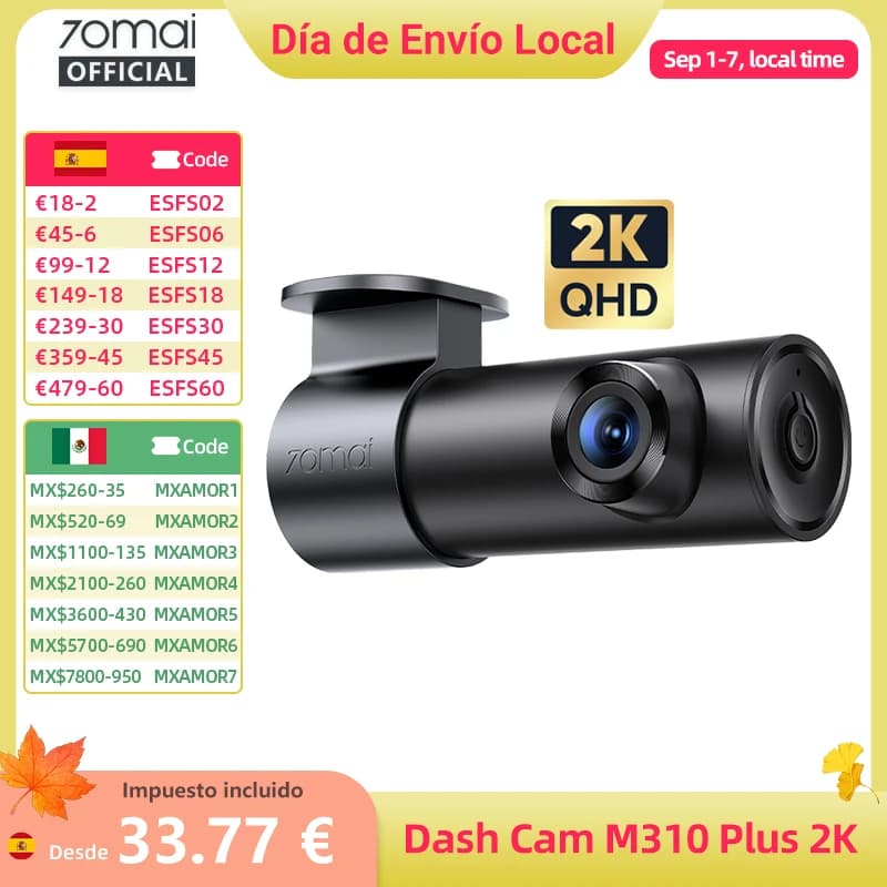 70mai M310 Plus 2K 1440P Dash Cam 143 ° Cámara para Auto con Visión Nocturna, Control por Voz Inteligente, Gran Apertura f/1.55, Vigilancia de Estacionamiento 24H