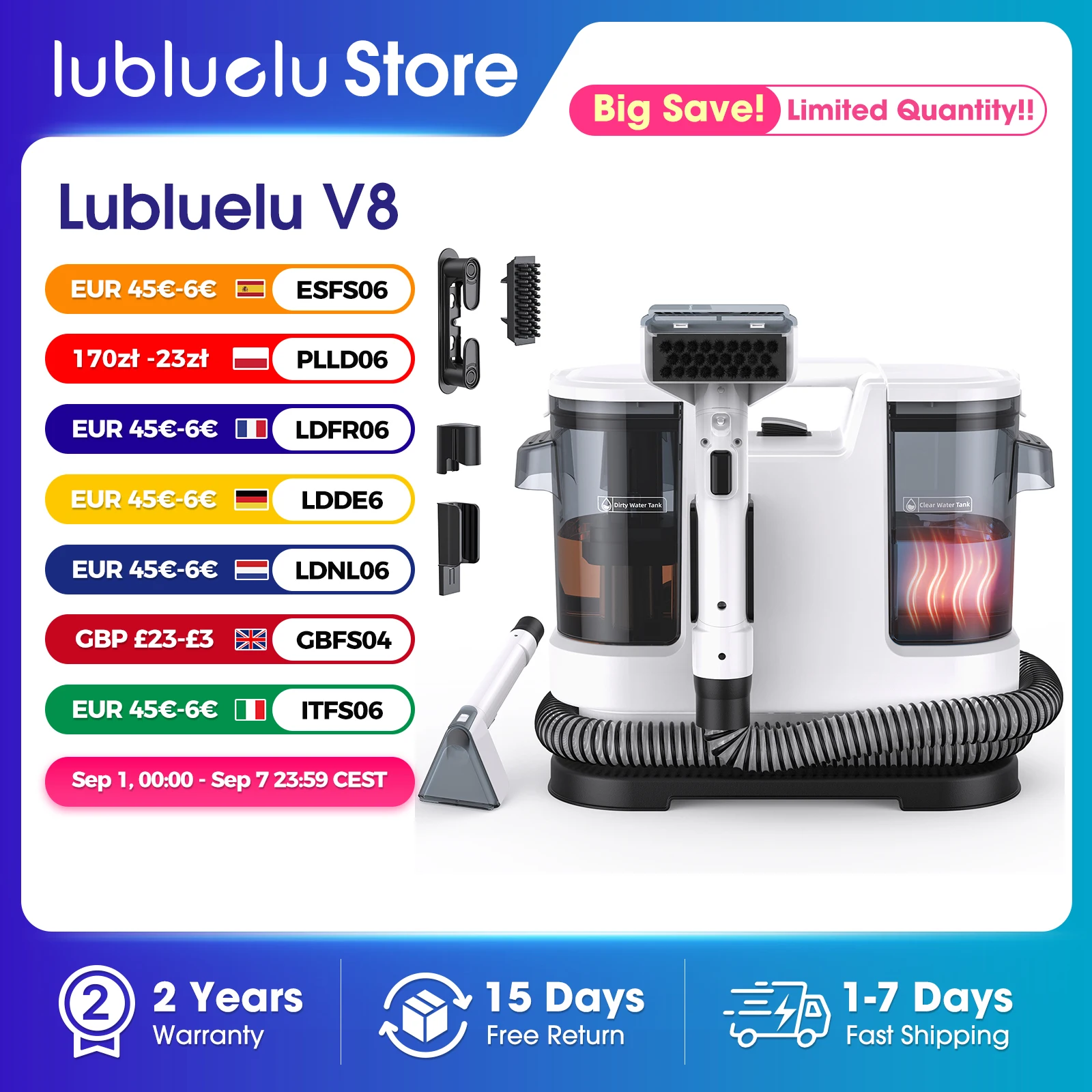 Lubluelu V8 800W Limpiador de alfombras de agua caliente 60 ° C limpieza profunda de las manchas 15kPa del animal doméstico fuerte succión 5M cable de alimentación largo 1.75L tanque