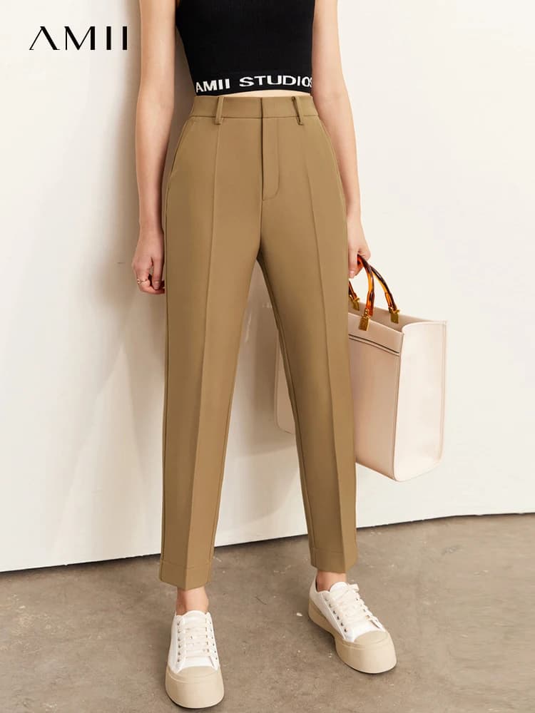 AMII Pantalones minimalistas para mujer 2026, pantalones rectos de otoño para oficina, pantalones hasta el tobillo, pantalones de cintura alta, ropa femenina 12220132