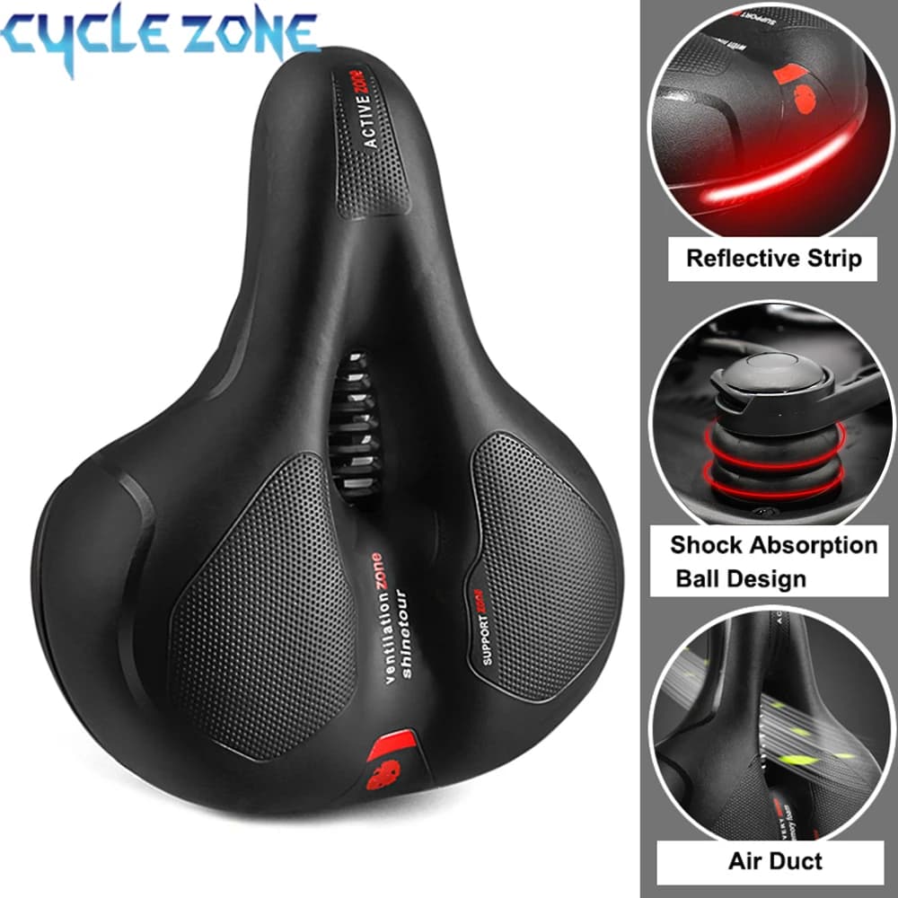 Sillín de bicicleta hueco y transpirable para hombre y mujer, asiento de bicicleta de montaña y carretera, cómodo, con absorción de impacto, asiento de bicicleta de trasero grande, advertencia de seguridad