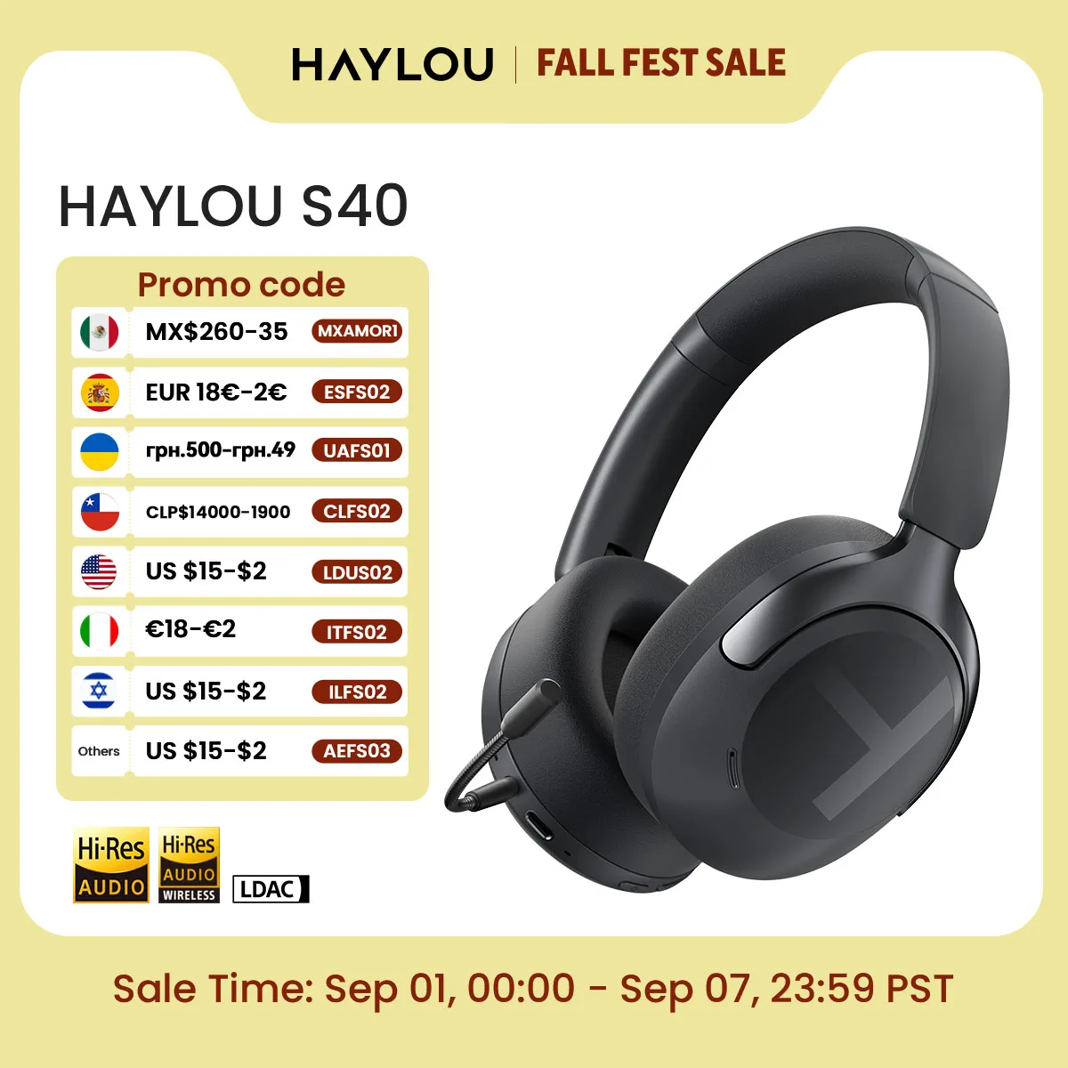 Auriculares Inalámbricos HAYLOU S40 ANC con Cancelación de Ruido de 50dB, Audio Espacial 3D de Alta Resolución, con LDAC Bluetooth 6.0, Auriculares Over-Ear