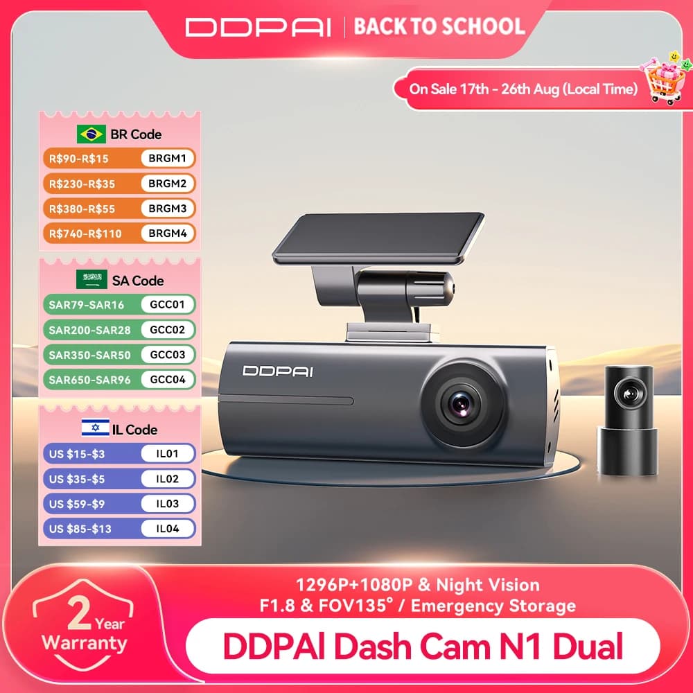 DDPAI Dash Cam N1 Grabación frontal y trasera dual NightVIS 1296P Dash Cam Grabador Coche DVR Control por aplicación