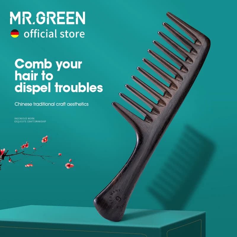 Peine de Madera Natural MR.GREEN, Dientes Anchos, para Cabello Mojado, Antiestático, para Peinar Cabello Largo, Masaje de Puntos de Acupuntura en la Cabeza