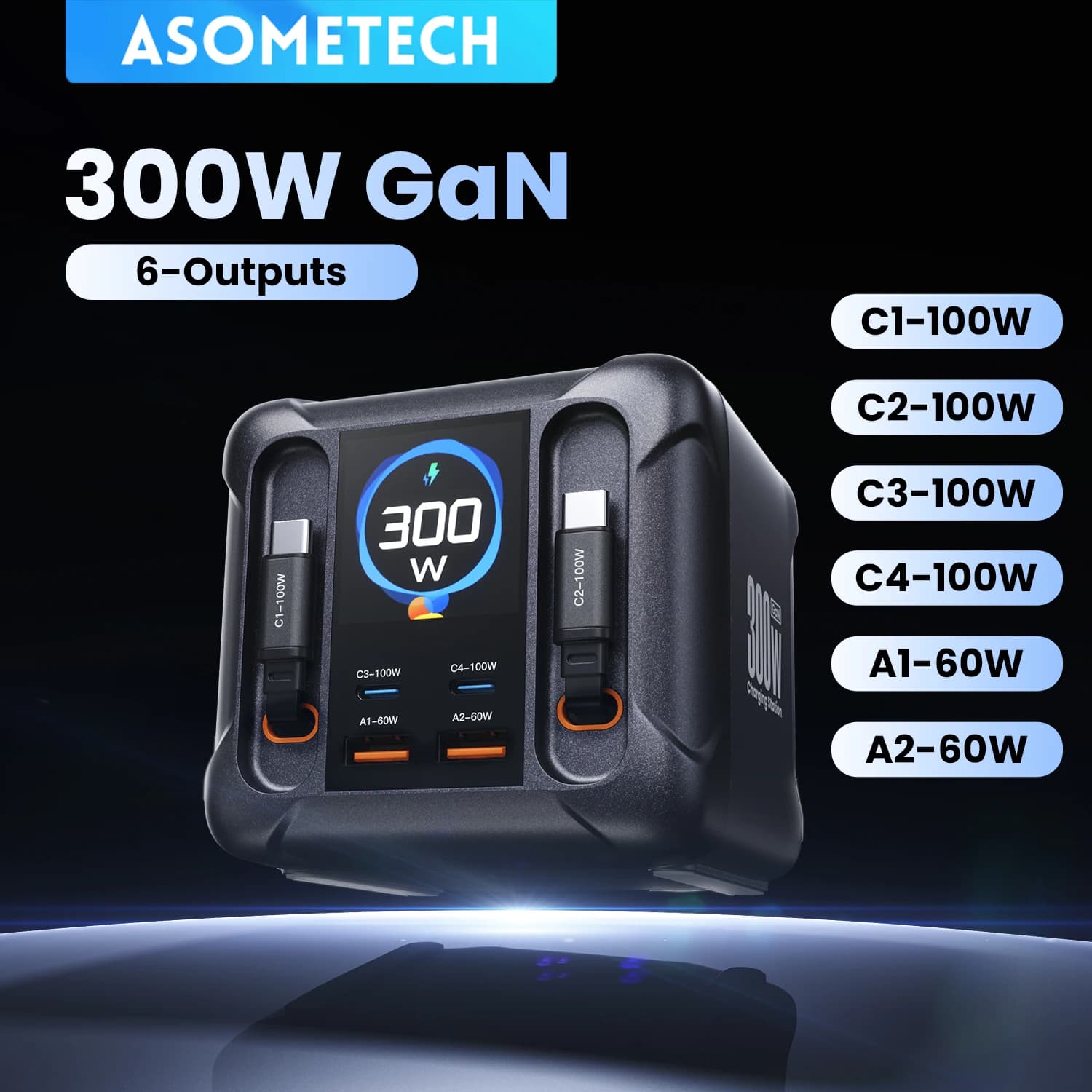 ASOMETECH-cargador USB GaN de 300W con pantalla LED, Cable retráctil tipo C, 100W, 65W, PD3.0, PPS, estación de carga rápida para Macbook y Samsung