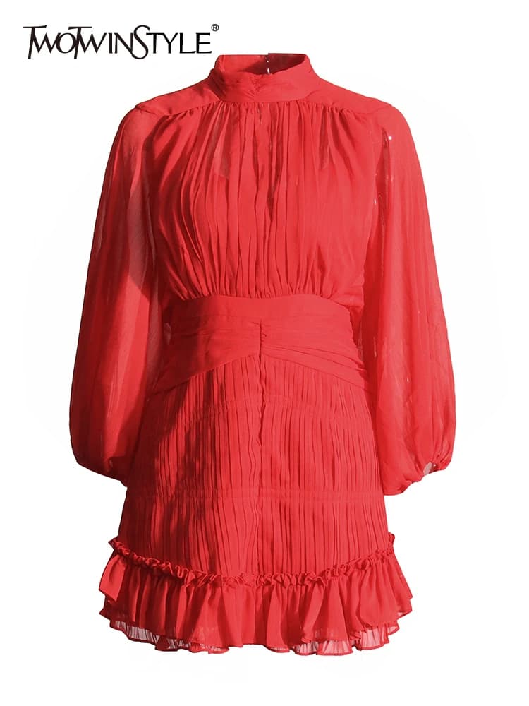 TWOTWINSTYLE-vestido ahuecado de leopardo para mujer, cuello levantado, manga de linterna, cintura alta, estampado, Mini vestidos, moda femenina, nuevo