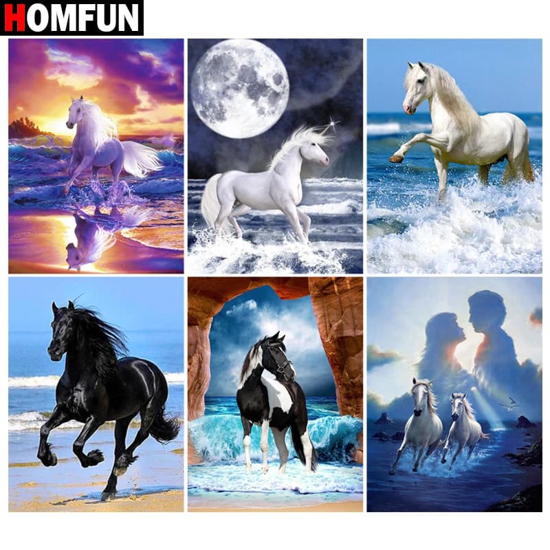 HOMFUN-pintura de diamantes con bordado de "Caballo, Luna, animal, Mar", cuadro de diamantes de imitación, Cuadrado completo, redondo, decoración