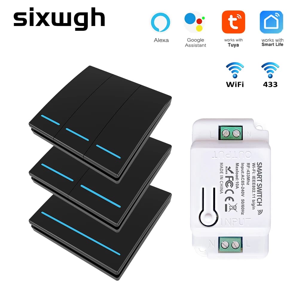 Interruptor Inteligente WiFi Tuya de 1/2/3 Botones, Panel Inalámbrico RF 433Mhz, Módulo de Temporizador Mejorado, Compatible con Google Home y Alexa