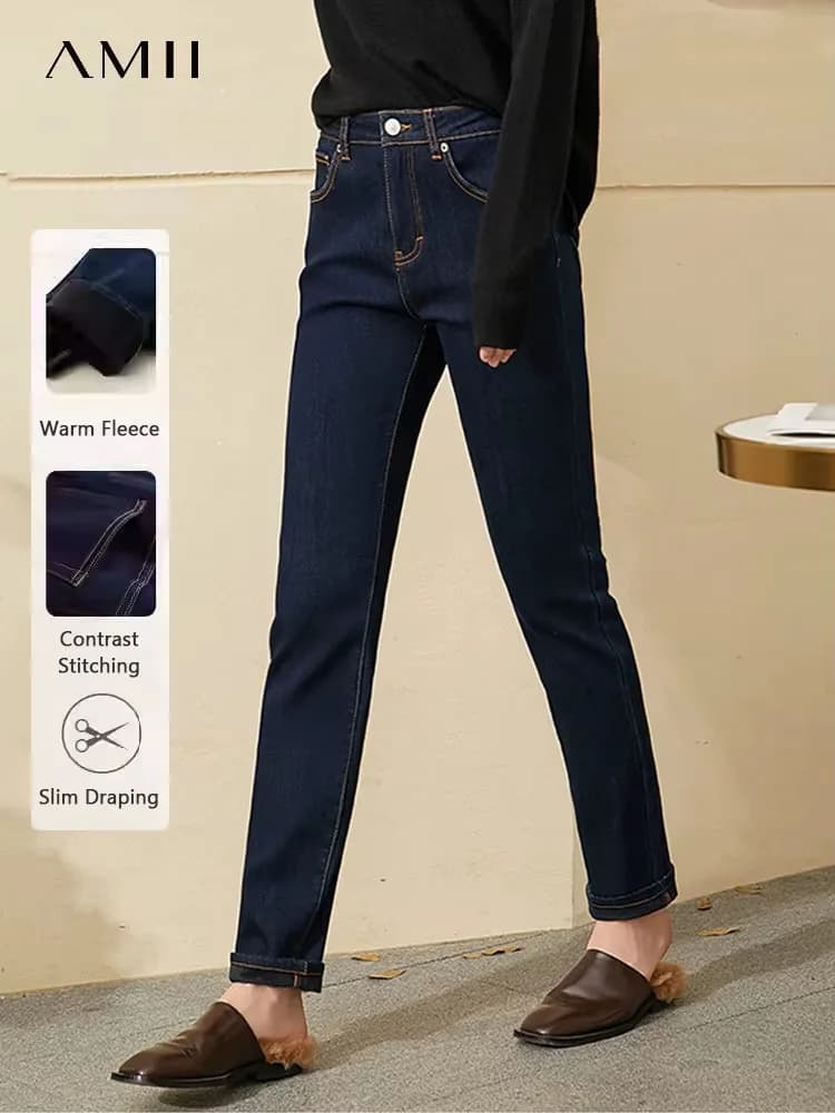 Jeans Minimalistas AMII para Mujer, Otoño 2025, Corte Ajustado, Moda Casual, Combinables con Todo, Algodón con Ligera Elasticidad, Pantalones hasta el Tobillo 12514004