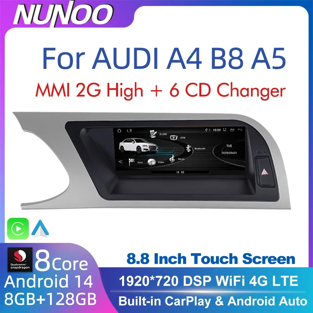 CarPlay para Audi A4 B8 A5 2008 2009 2010 MMI 2G High CD Changer Android 14 8+128GB Reproductor Multimedia para Auto Estéreo GPS Navi Pantalla