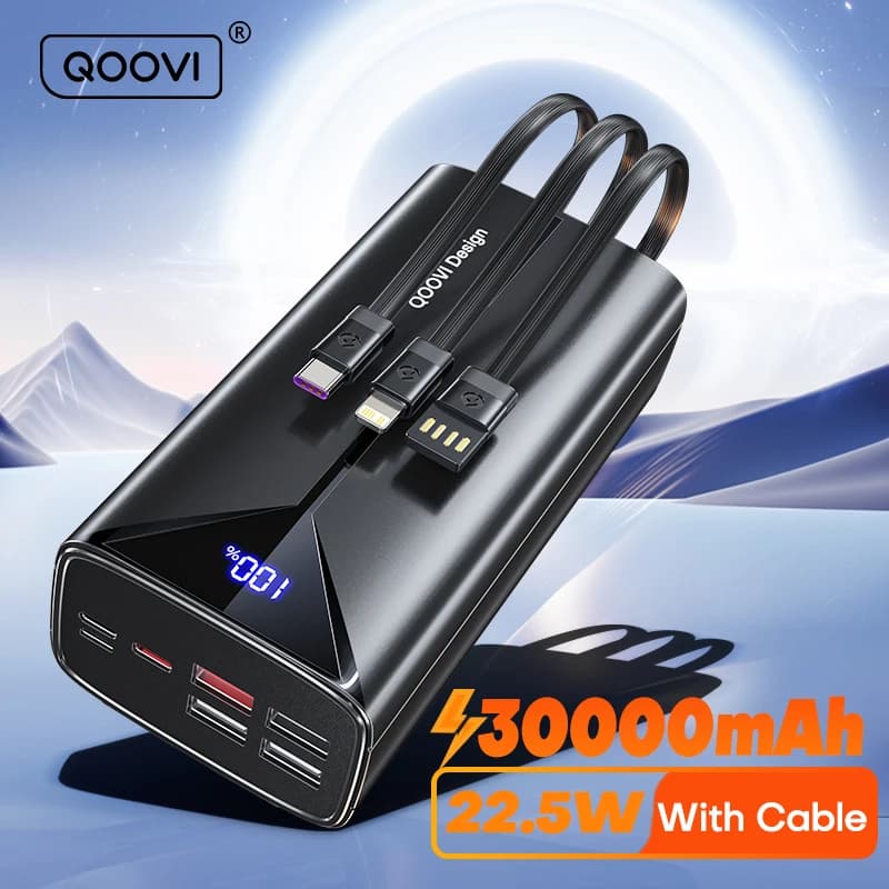 QOOVI-Banco de energía de 30000mah, Cable incorporado de carga rápida de 22,5 W, cargador portátil de batería grande externa para iPhone, Samsung y Xiaomi