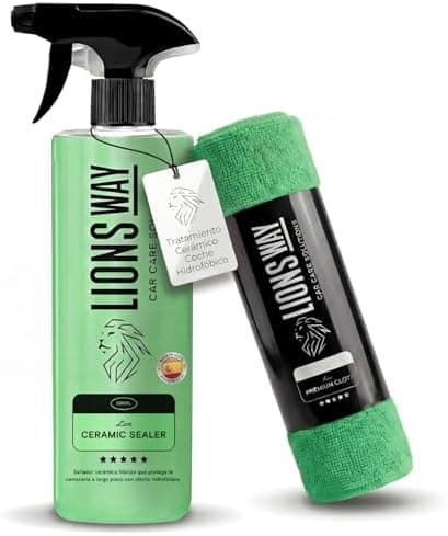 LionsWay: Tratamiento Cerámico Coche Hidrofóbico, c/Sílica. Premium. Sellador, Abrillantador de Alto Brillo, Protección Duradera. Efecto Repelente Lluvia para Carrocería y Cristales (500ml + Bayeta)