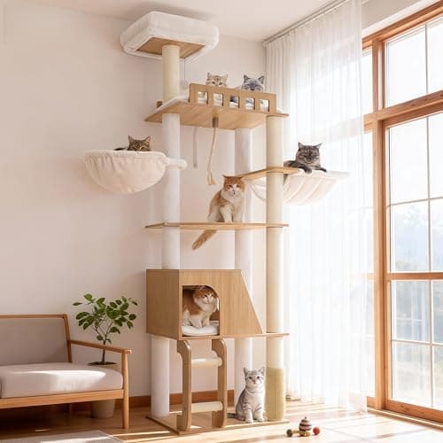 Hey-brother Árbol para Gatos de Madera Moderno, Rascador para Gatos 184 cm, Multinivel Estable con Plataformas Grandes, Hamaca, Cueva para Gatos, Máquina Peinadora y Escalera, Roble Blanco MPJ121BT