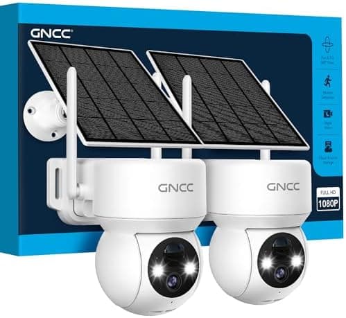 GNCC 2PCS Camara Vigilancia WiFi Exterior Solar con Bateria Sin Cables, 1080p/2MP, 360° PTZ Cámara Vigilancia Exterior Solar, Visión Nocturna Color, Humana Detección IA&PIR Sirena, Audio Bidireccional