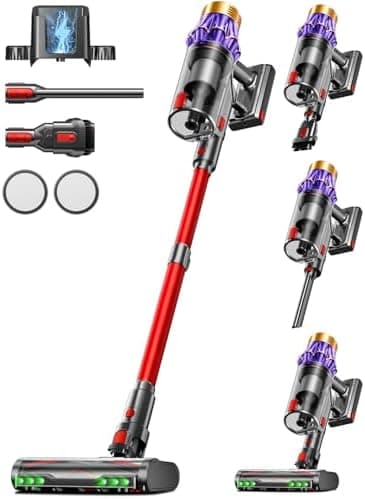 AIBIRTH Aspiradora sin Cable 55Kpa/650W/70Mins, Escoba Aspiradora de 1.8L, Sistema de Filtración de 8 Etapas,Autoportante, Adecuada para Pelo de Mascotas, Luz Verde Alfombras y Suelos de Madera