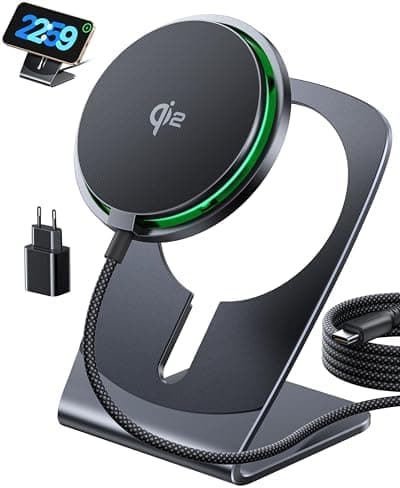 INIU Cargador Inalámbrico iPhone, 15W Certificado Qi2 Base Carga Rápida Magnética y Soporte Móvil, Mag-Safe Wireless Charger for iPhone 17 16 15 14 13 Pro Max Mini AirPods 4 3(con Adaptador USB C 20W)