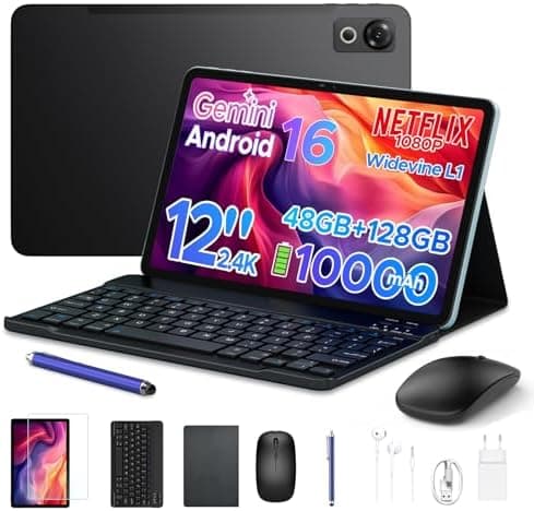 P12 Tablet Android 16, Tablet 12 Pulgadas, 48GB RAM+128GB ROM/2 TB TF, IPS 2,4K, Pantalla 120 Hz, 10000mAh/18W, WiFi 5G, T7280 Octa-core, 8MP+13MP, Gemini AI, Tableta con Teclado, Face ID, GPS, Negro