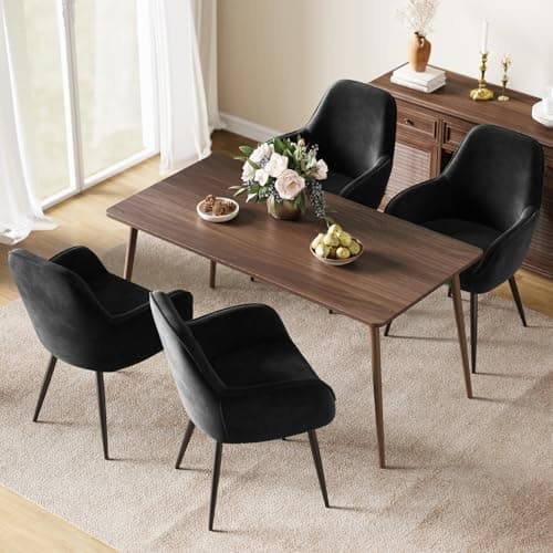ELUCHANG Silla de Comedor Tapizada Terciopelo con Reposabrazos Pack 4, Ergonómica para Cocina, Dormitorio, Sala, Carga 120kg, Patas de Metal Estable, Negro