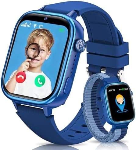Nuevo 4G Reloj Inteligente Niño con Videollamada & GPS, Smartwatch Niños con SOS, Chat de Voz, Modo Escuela, Podómetro, Despertador, Monitor de Sueño IP68 Impermeable Regalo para Niños Niñas, Azul