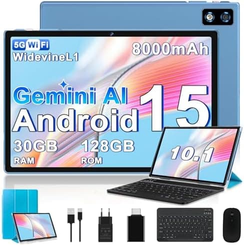 BIEGEDY 2026 Tablet 10 Pulgadas Android 15 con Gemini AI, 30GB RAM + 128GB ROM(TF 2TB), Octa-Core 2.0GHZ, 8000mAh, GMS, Widevine L1, 5G WiFi 6 & BT 5.0, GPS, OTG, Tablet con Teclado y Raton-Azul
