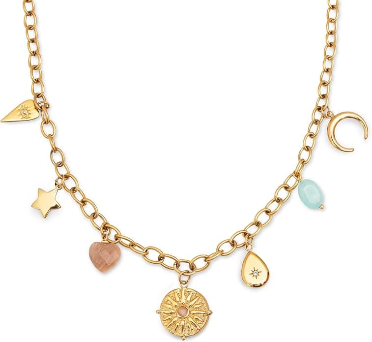 SINGULARU - Collar Multicharms Soleil. Acero con Acabado en Baño de Oro de 18kt. Cadena de Eslabones con Charms Colganes. Detalles en Piedras Naturales y Circonitas. Joyas para Mujer