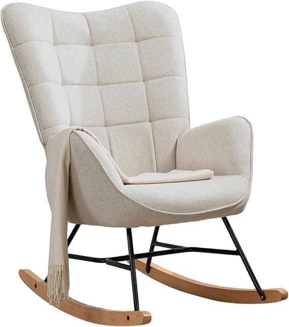 MEUBLE Cosy Sillas Mecedora Escandinavo Sillón Relax Especial Lactancia para Salón Dormitorio Balcón Sala de Estudio, Tela, Madera Haya, Metal, Beige