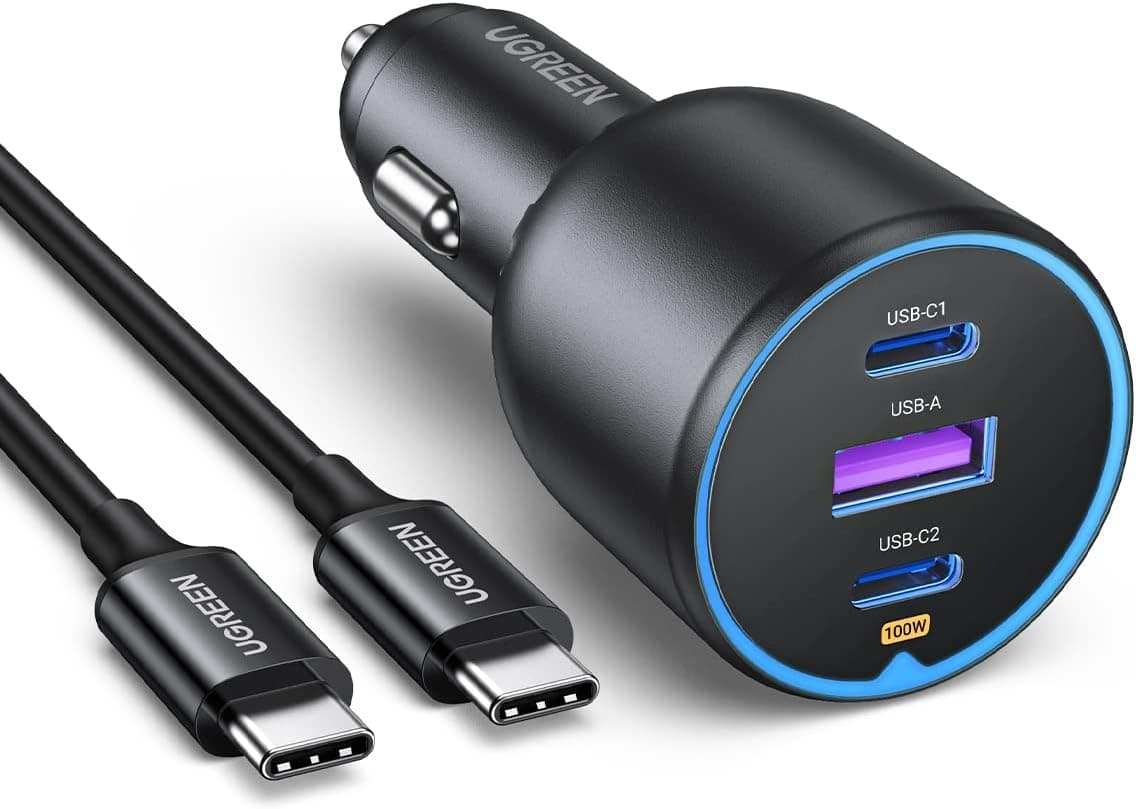 UGREEN 130W Cargador de Coche USB C, Car Charger Tipo C Carga Rápida de 3 Puertos con Cable de 100W, Compatible con iPhone 17 Pro MAX Air/16/15, Samsung Galaxy S25/S24, MacBook, iPad Pro, Air Mini