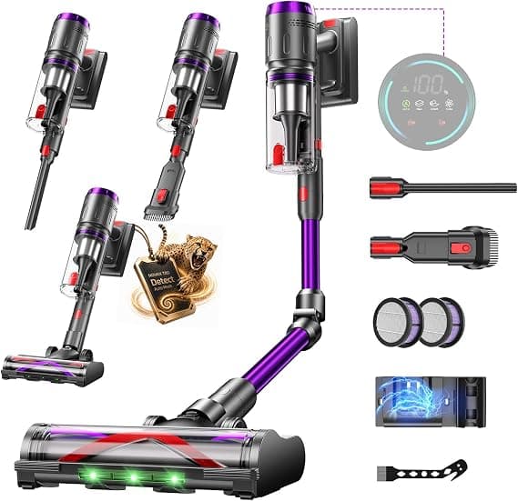 Circlio Aspiradora Sin Cable 58000Pa/600W/75Min, Escoba Aspiradora sin Cable con Brazo Flexible 1.6L, Modo Automático, Aspirador Inalámbrico Antienredo, Ideal para Suelos, Alfombras y Pelo de Mascotas