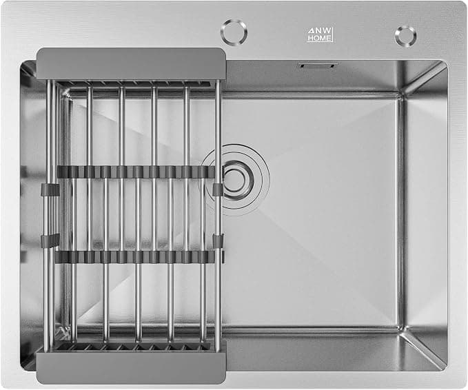 ANW HOME Fregadero Cocina 1 Seno Sobre Encimera, Fregadero Cocina Acero INOX 304, 60x50 cm, Plateado, Acabado Nano, Grosor 3+1 mm, Profundidad 22 cm, con Sifón